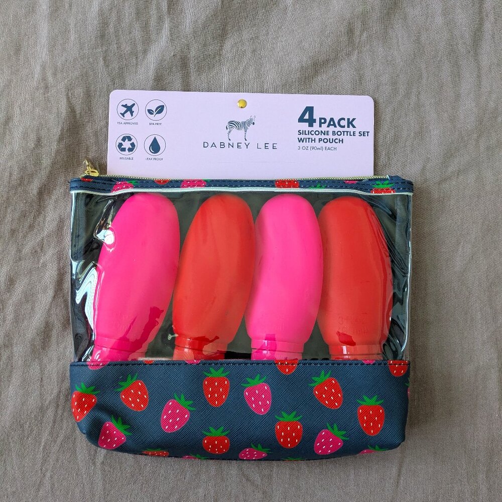 🌸 TSA Approved Clear Strawberry 4 Silicone Bottle Set & Pouch, Pink & Red NWT - Picture 1 of 9